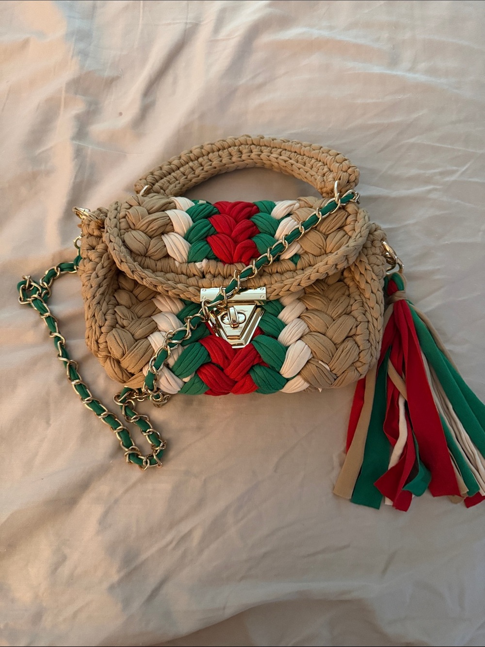 Woven Straw Crossbody Bag with Red, Green & Cream Accents